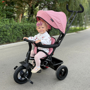 Trehjulet cykel til børn 1-4 år - TOBI FREY - lyserød farve - drejelig - pumpede hjul + skubber