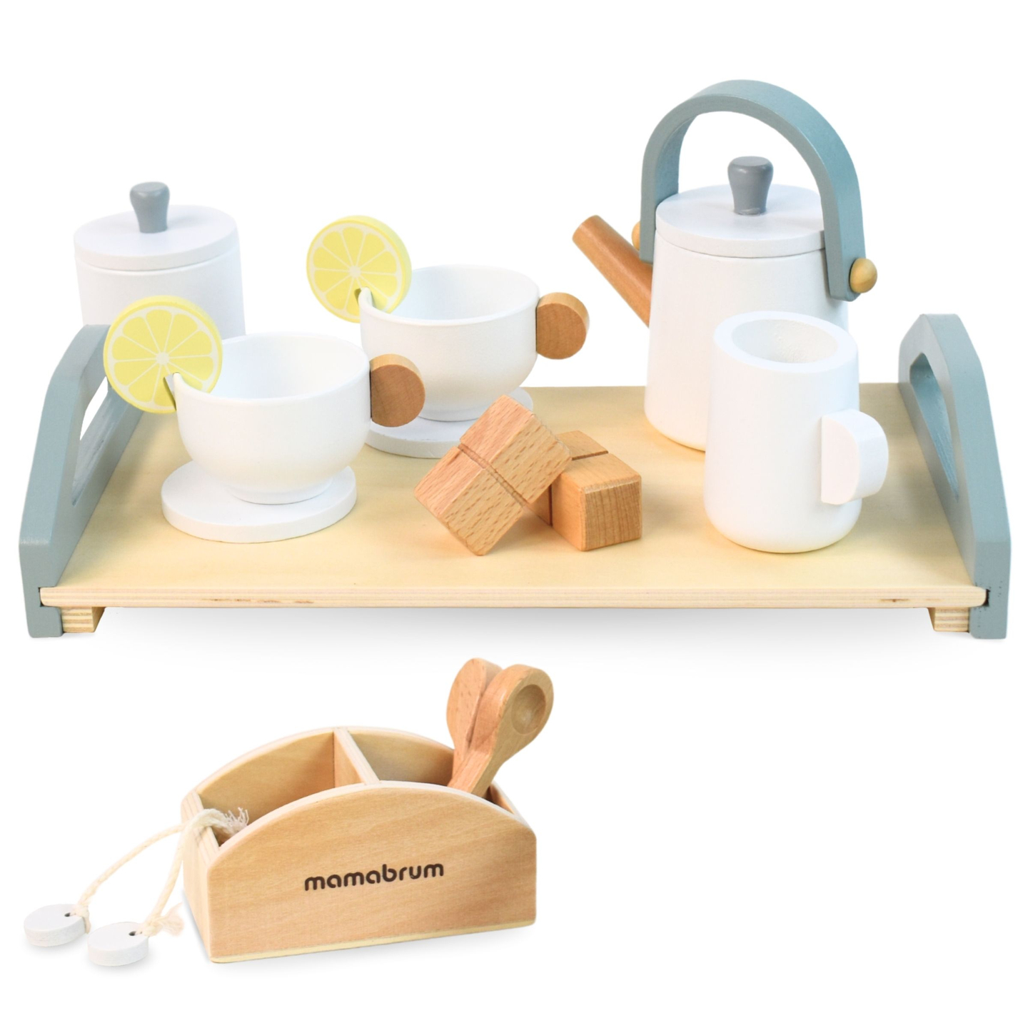 Stort tesæt i træ med bakke - 17 artikler