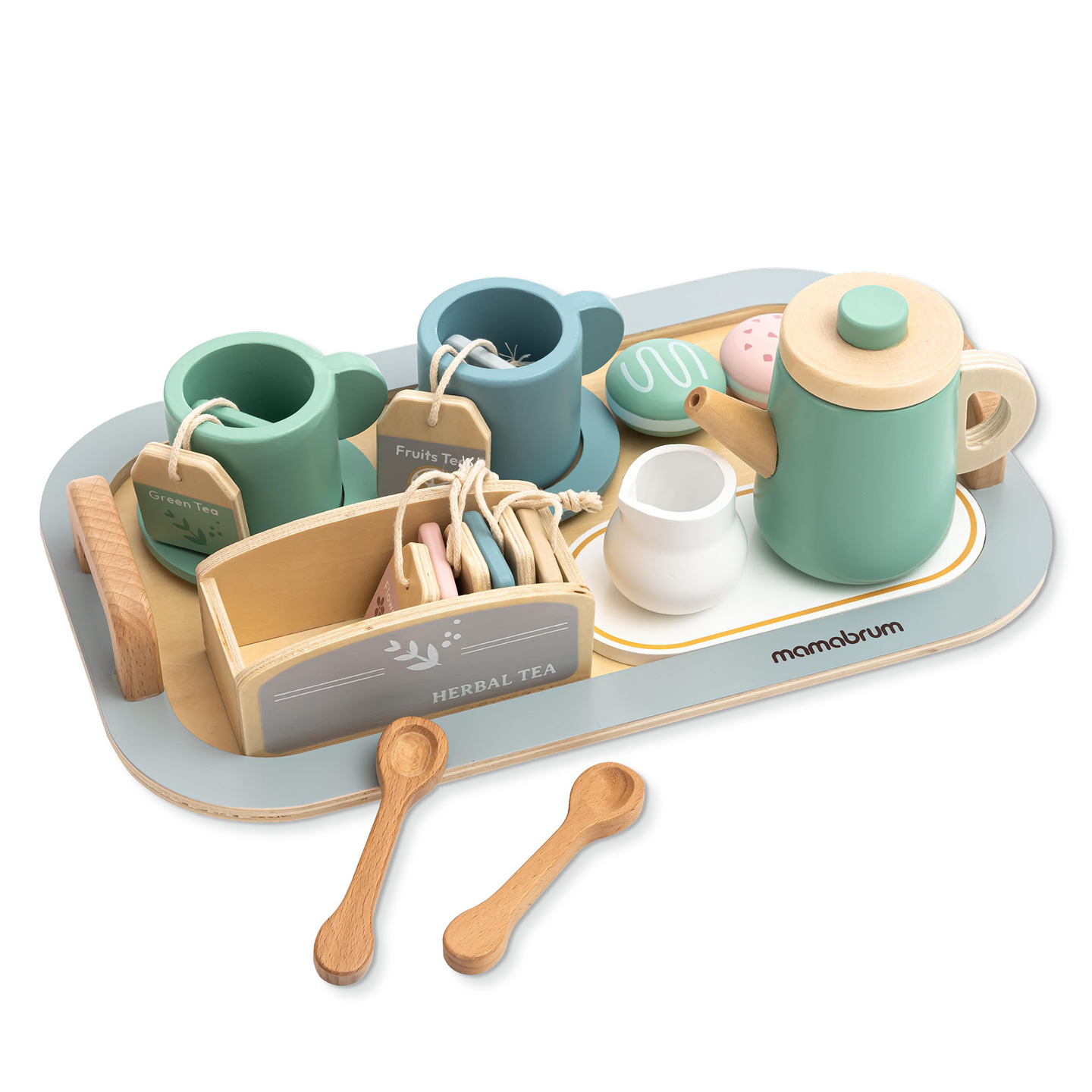 Stort tesæt i træ med bakke - 18 dele