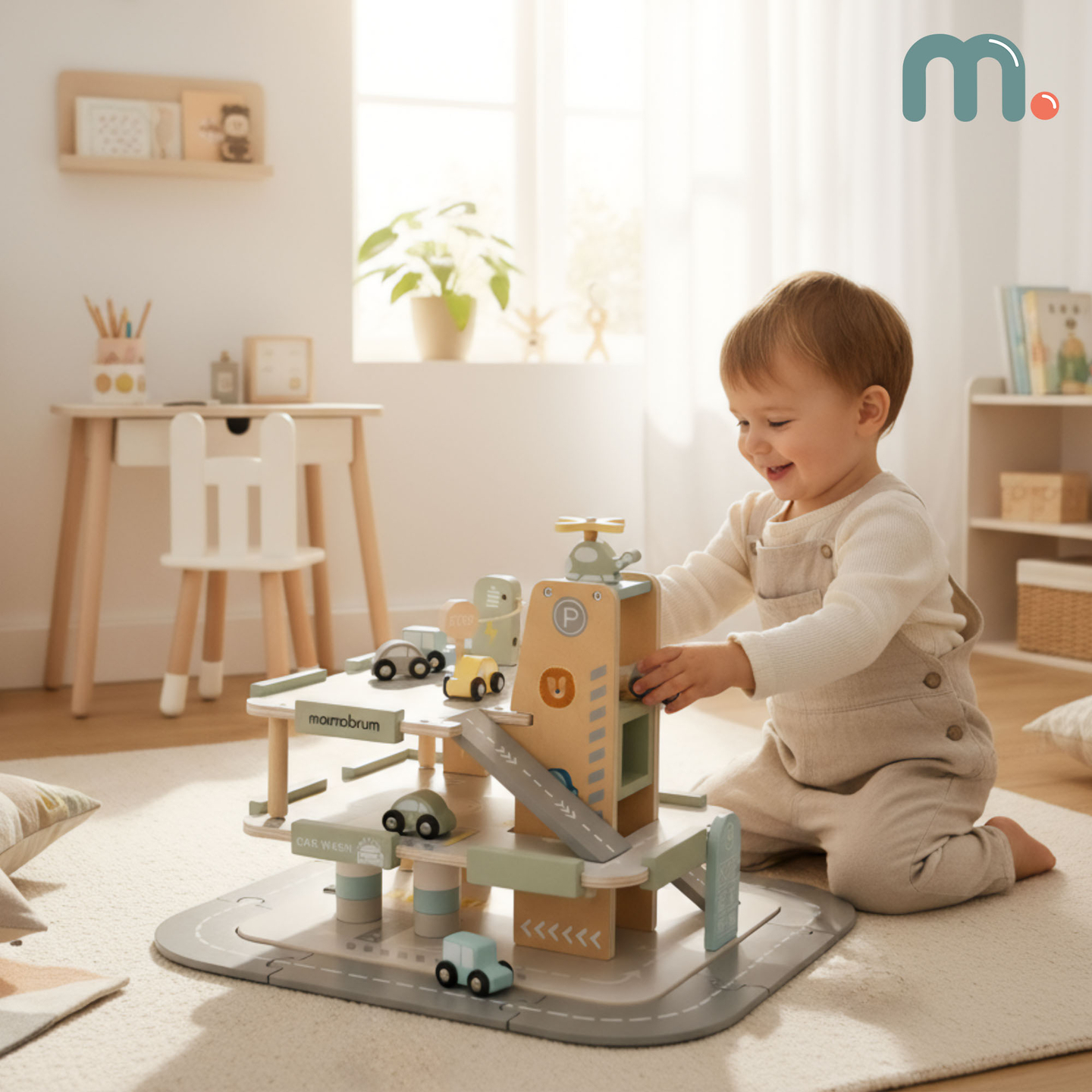 Trægarage i tre etager til børn med tilbehør – parkeringsplads, tankstation, bilvask, helikopter