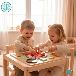 Træ Montessori pædagogisk tavle Lille tandlæge - tandbørste, tandpasta, aftagelige tænder, spejl, mad, læringssmag