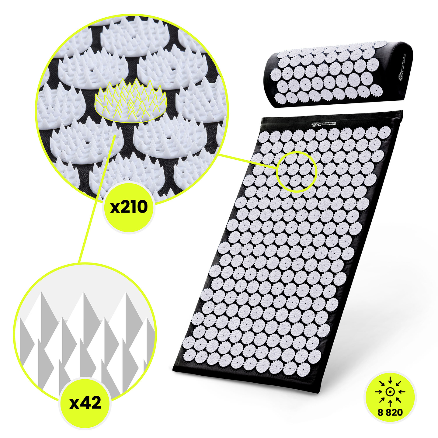 Akupressurmåtte med pude og betræk - 72 cm HyperMotion sort og hvid