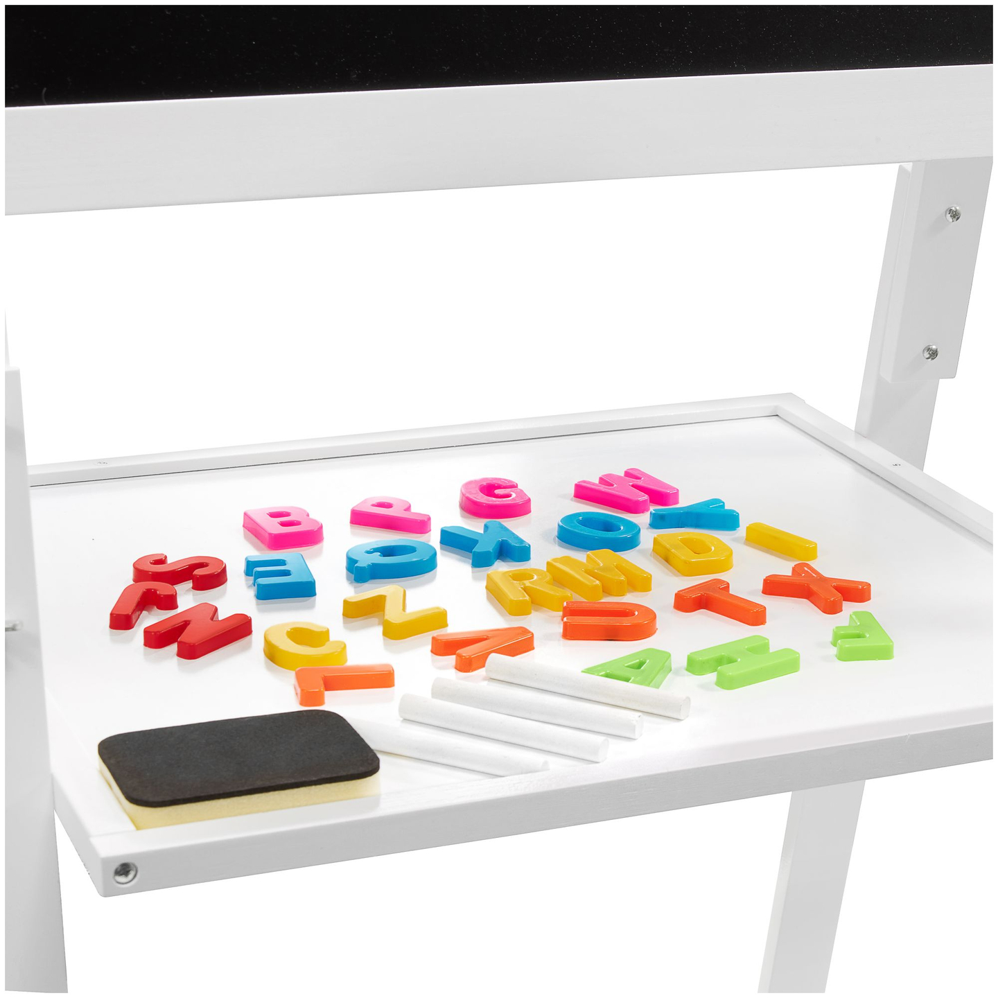 Pædagogisk dobbeltsidet tavle: magnetisk og kridttavle - tørt tørres af, træ, til børn, sammenklappelig