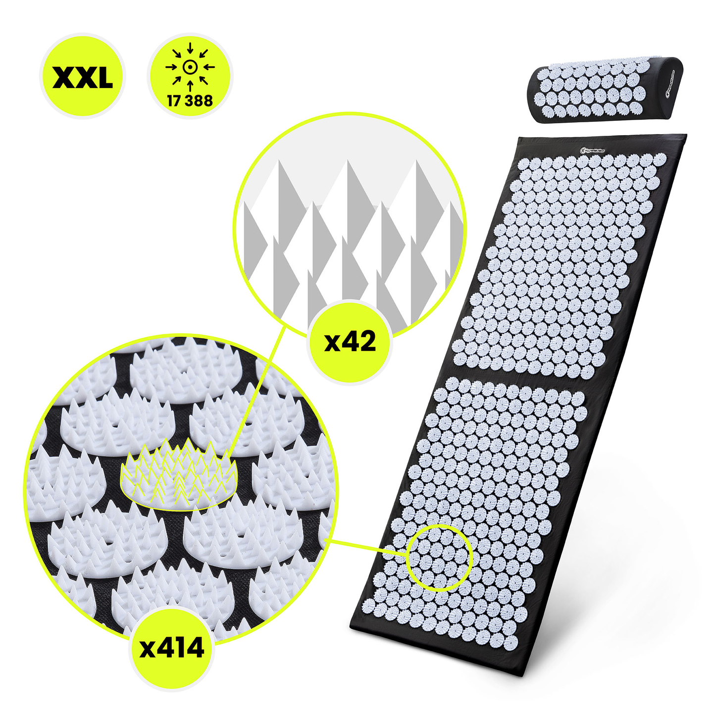 Stor akupressurmåtte med pude og betræk - 130 cm HyperMotion sort og hvid