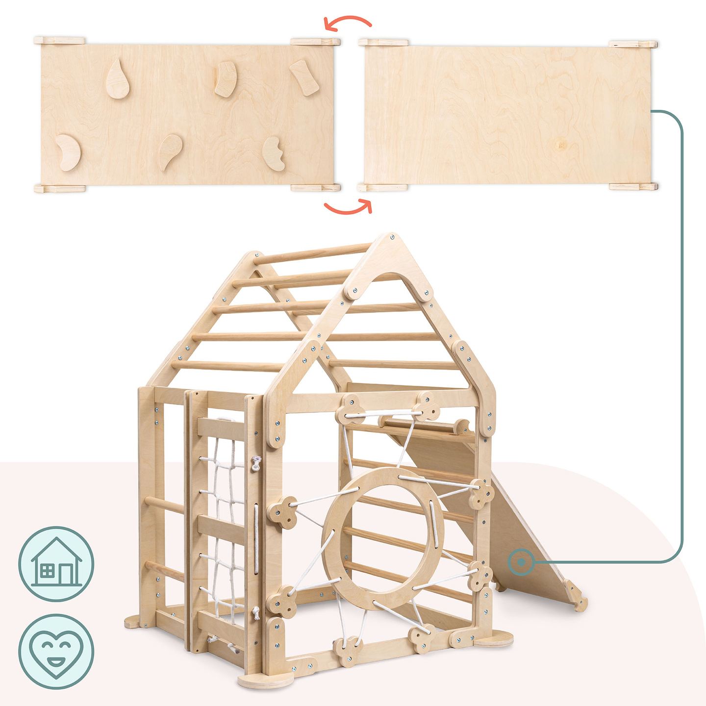 Indendørs trælegeplads til børn - et hus med stiger og rutsjebane