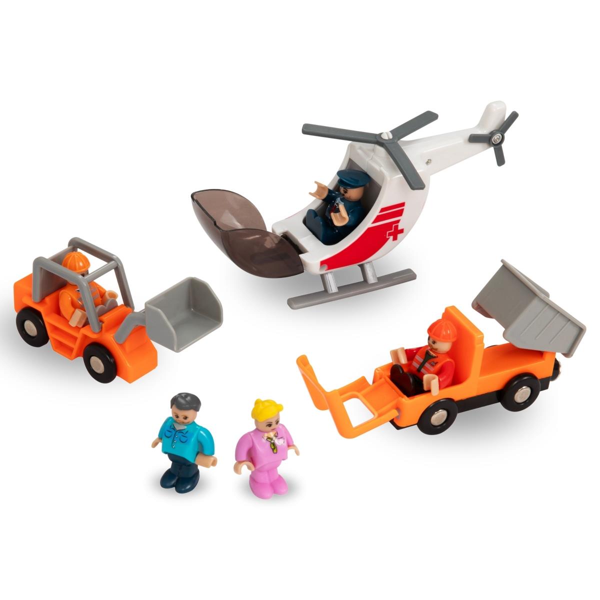 Træjernbane, batteridrevet tog - By: spor, biler, bro, lufthavn