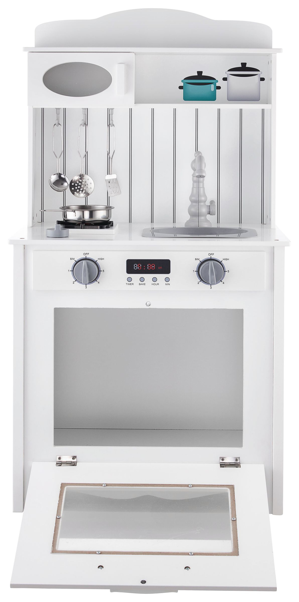 Hvidt trækøkken med forklæde, tilbehør og LED-lampe