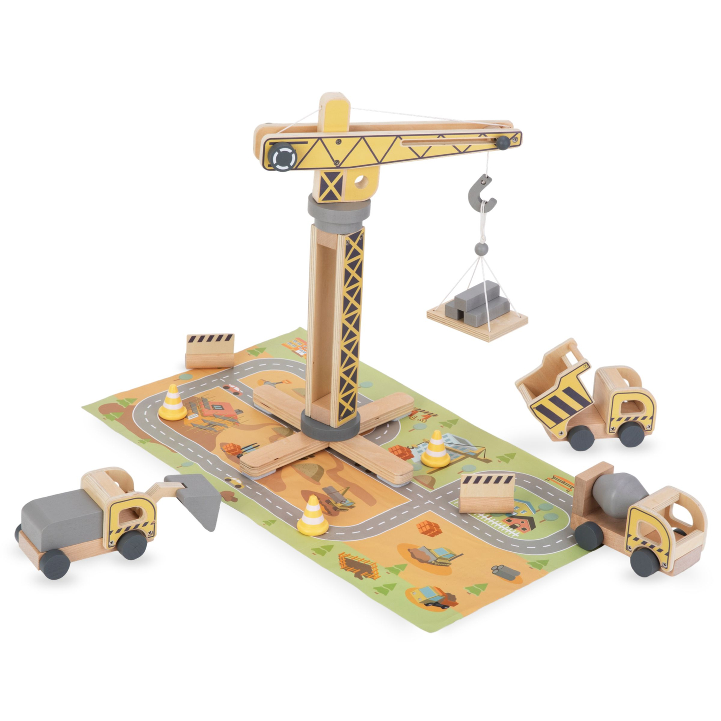 Byggeplads i træ med stor mobilkran og køretøjer, tårnkran