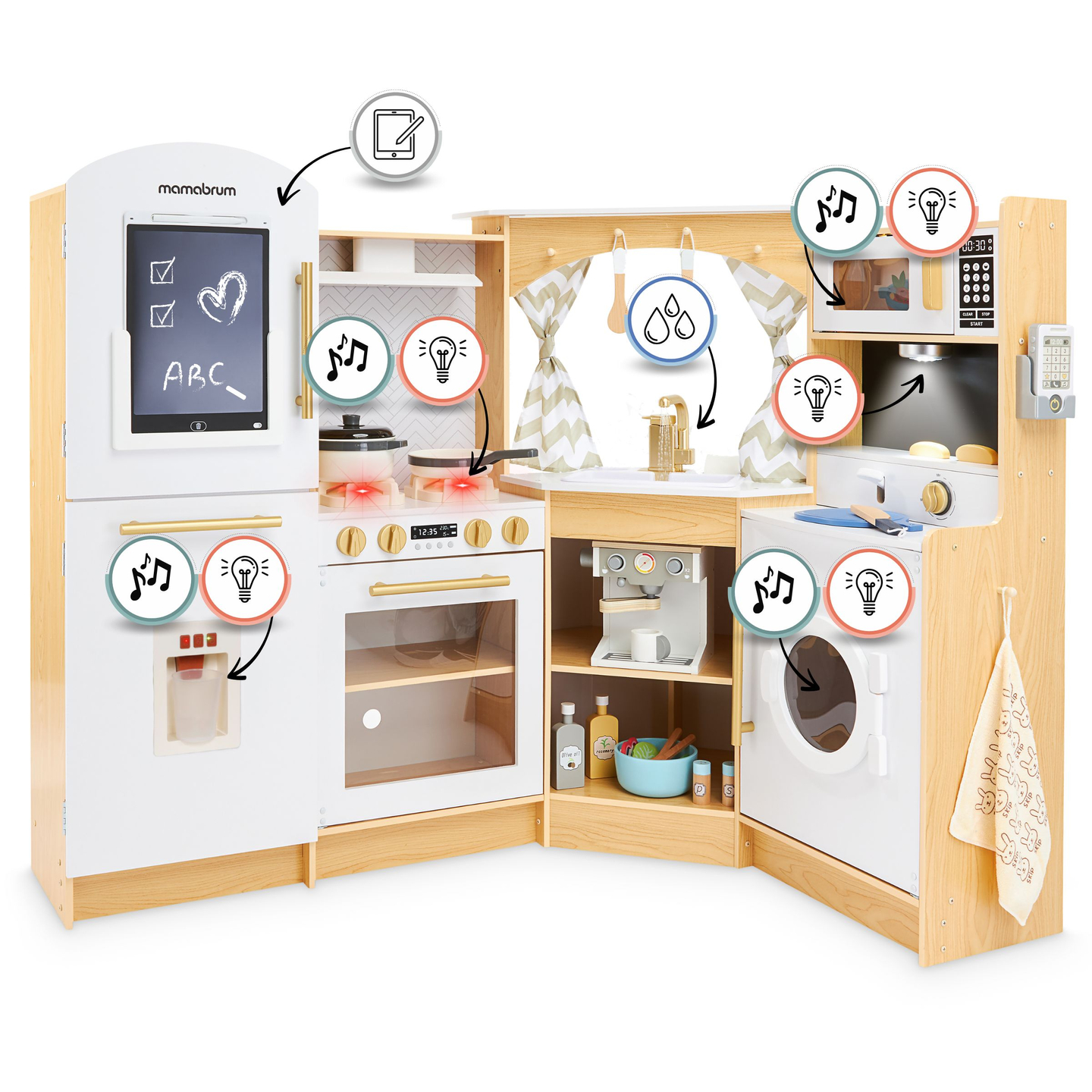 XXXXL stort interaktivt køkken i træ med LED-belysning, vaskemaskine, mikrobølgeovn, kaffemaskine og frugt- og grøntsagssæt - 50 elementer