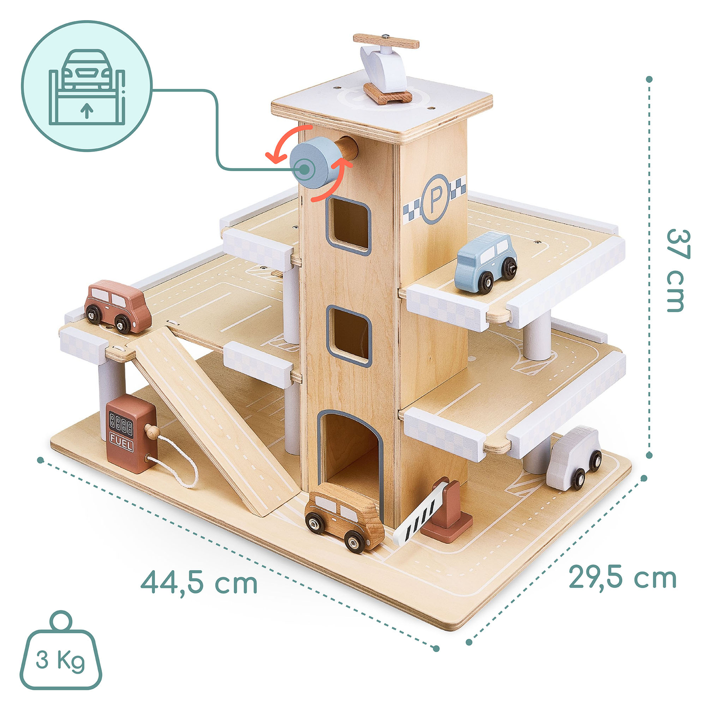 Træparkering i tre etager med elevator - garage med biler og helikopter