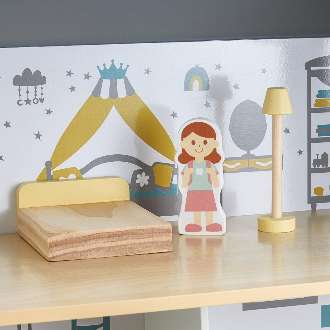 Hvidt dukkehus i træ med terrasse og tilbehør