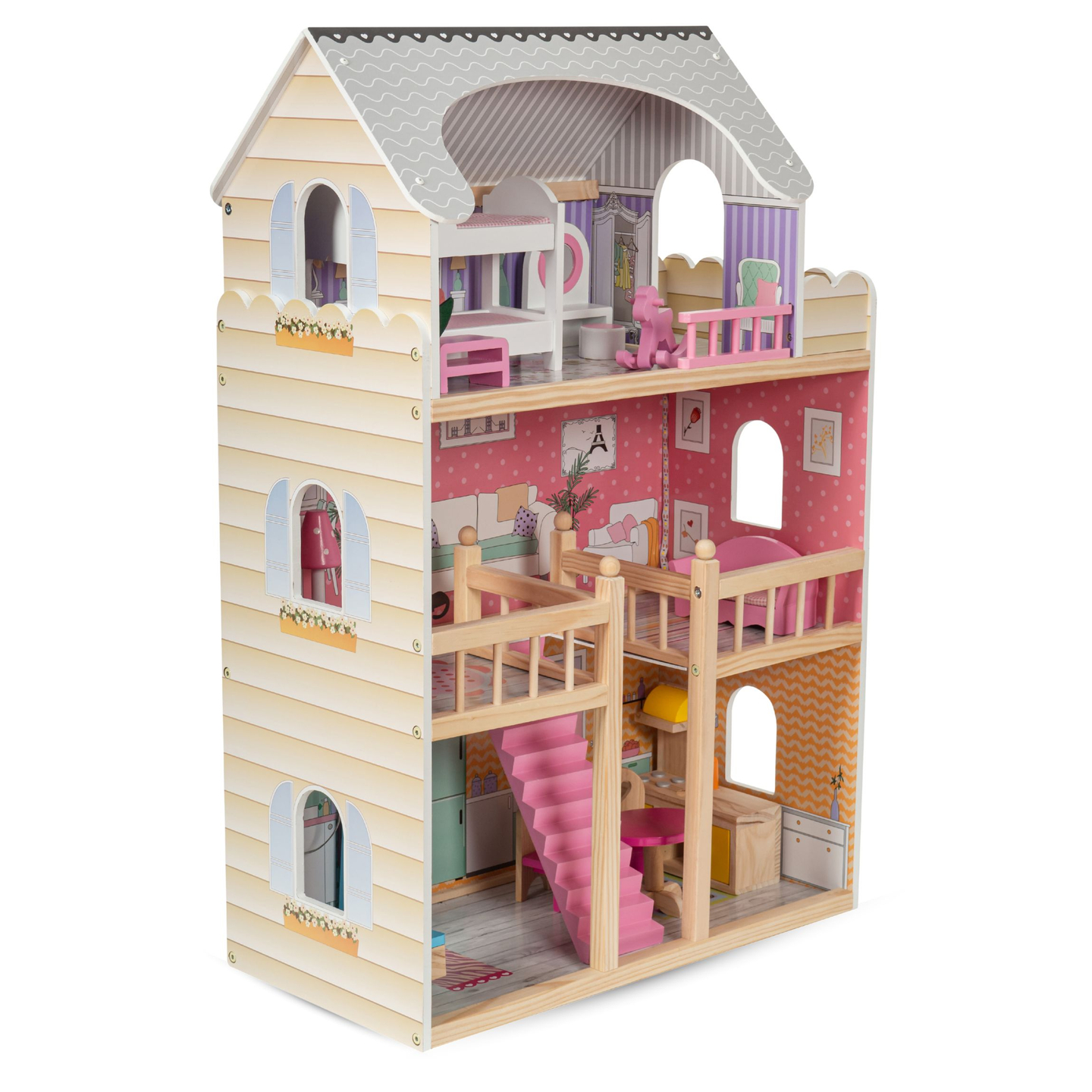 Stort dukkehus i træ med 3 etager, terrasse, møbelsæt og LED-belysning!