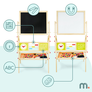 Stor pædagogisk dobbeltsidet tavle: magnetisk og kridttavle - tavle til tør udviskning, træ