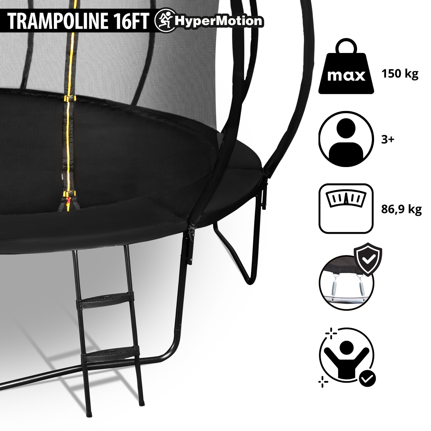 XXXL havetrampolin til børn HyperMotion - 487 cm 16FT - med stige og indvendigt net - til hjem og have - 150 kg max.