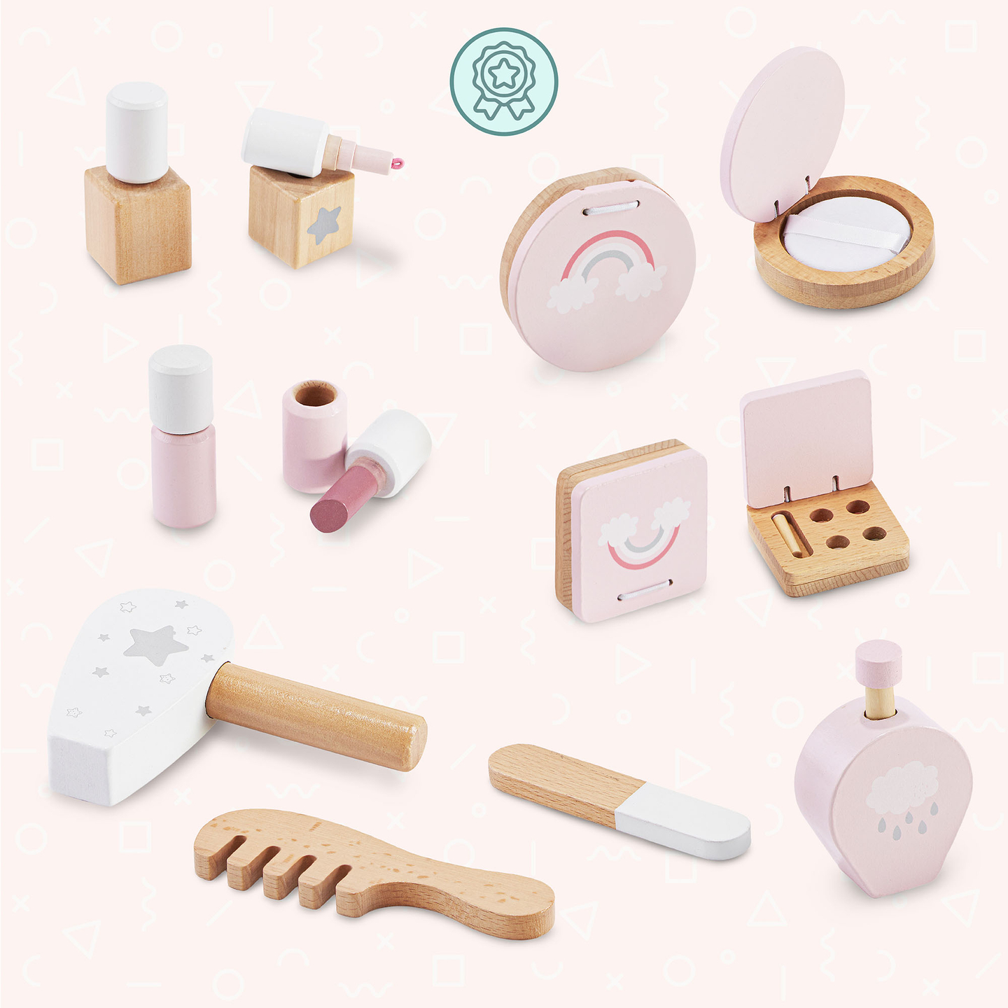 Mini-sminkebord i træ til børn med tilbehør og LED-belysning med trinløs lysstyrkejustering