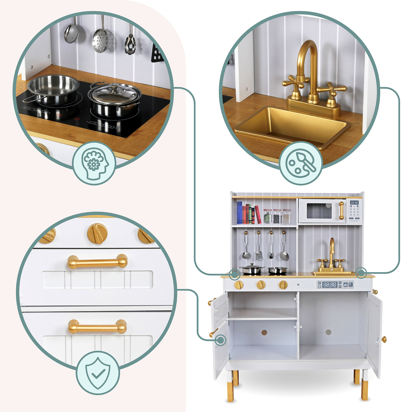 Hvidt køkken i træ med tilbehør og forklæde