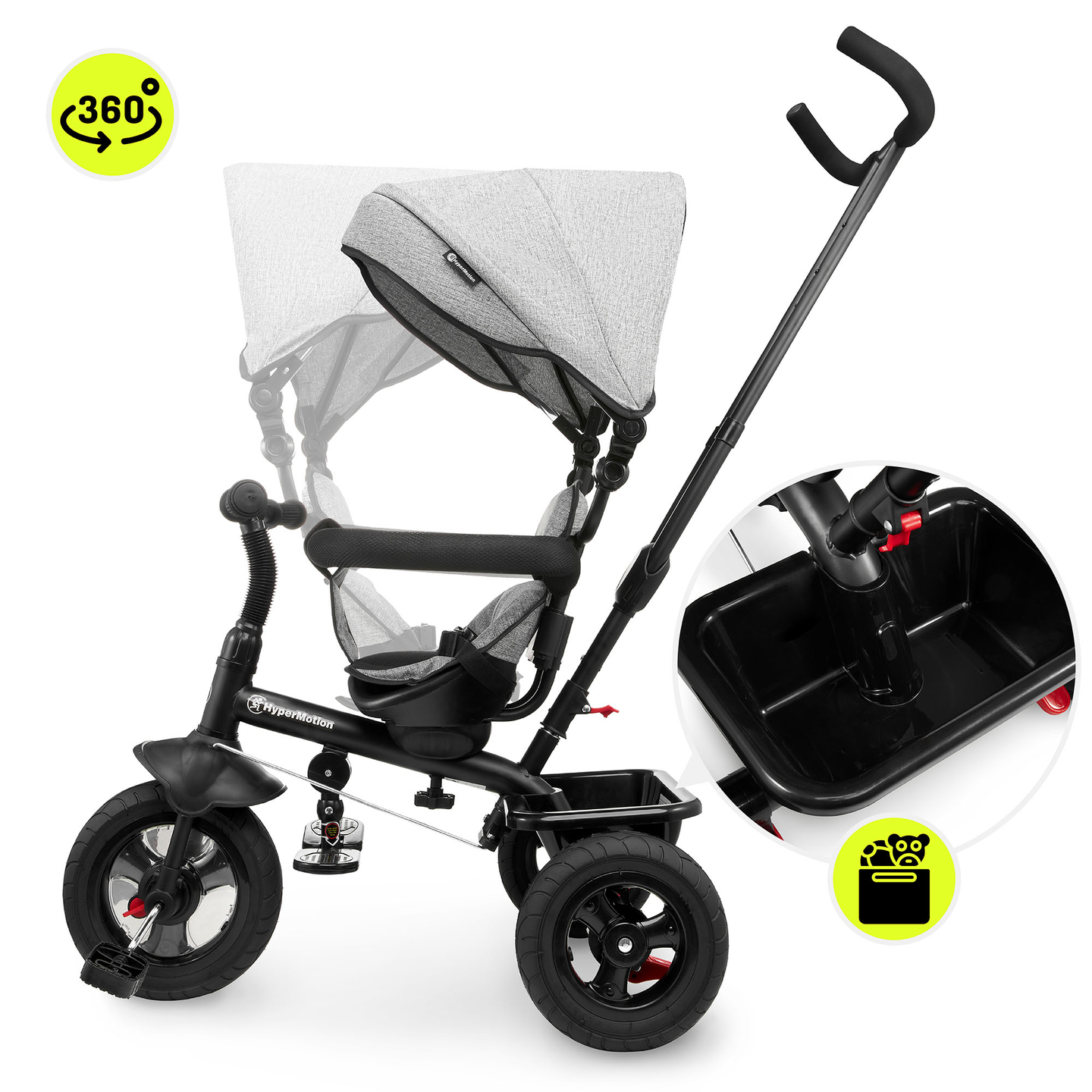 Trehjulet cykel til børn 1-4 år - TOBI FREY - grå farve - drejelig - pumpede hjul + skubber