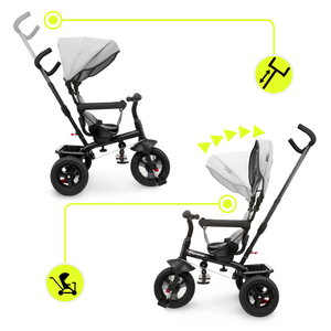 Trehjulet cykel til børn 1-4 år - TOBI FREY - grå farve - drejelig - pumpede hjul + skubber