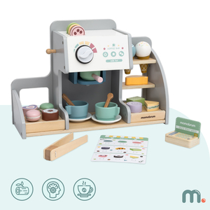 En stor isbar i træ med magnettavle, kaffemaskine og is- og dessertsæt - over 70 dele!