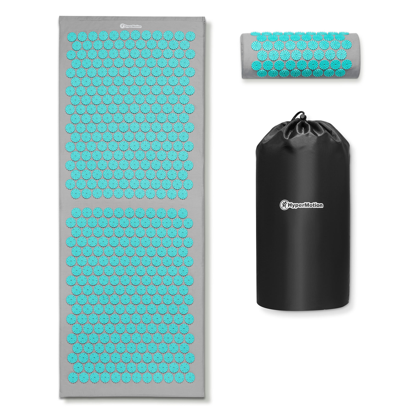 Stor akupressurmåtte med pude og betræk - 130 cm HyperMotion grå-mint