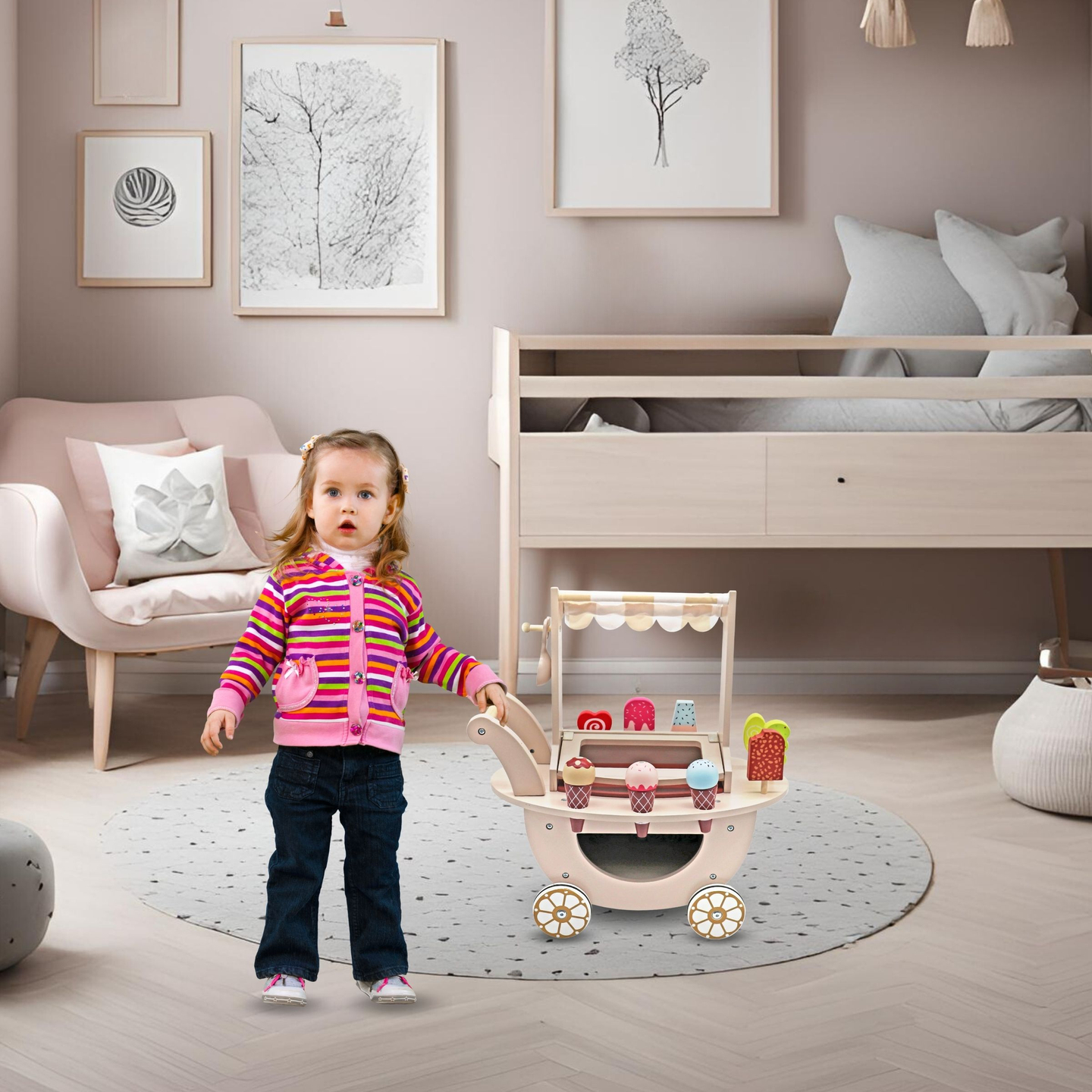 Træisbar til børn - vogn på hjul med tilbehør