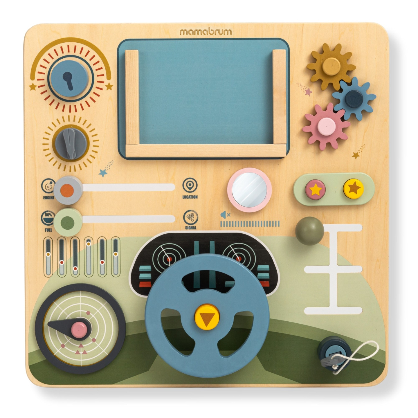 Træ Montessori-bræt 2 i 1 cockpit til den lille chauffør og pilot – rat, gearstang, rejsekort, radar