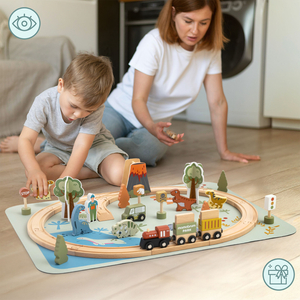 Dino Park trætog med skridsikker måtte - dinosaurer, tog, skinner, vulkan, klokke