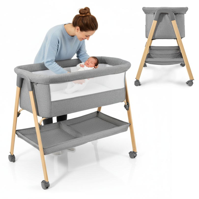 Babyseng, fritstående, rejseseng, vugge med madras - grå