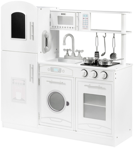 Stort hvidt køkkentilbehør og forklæde i træ