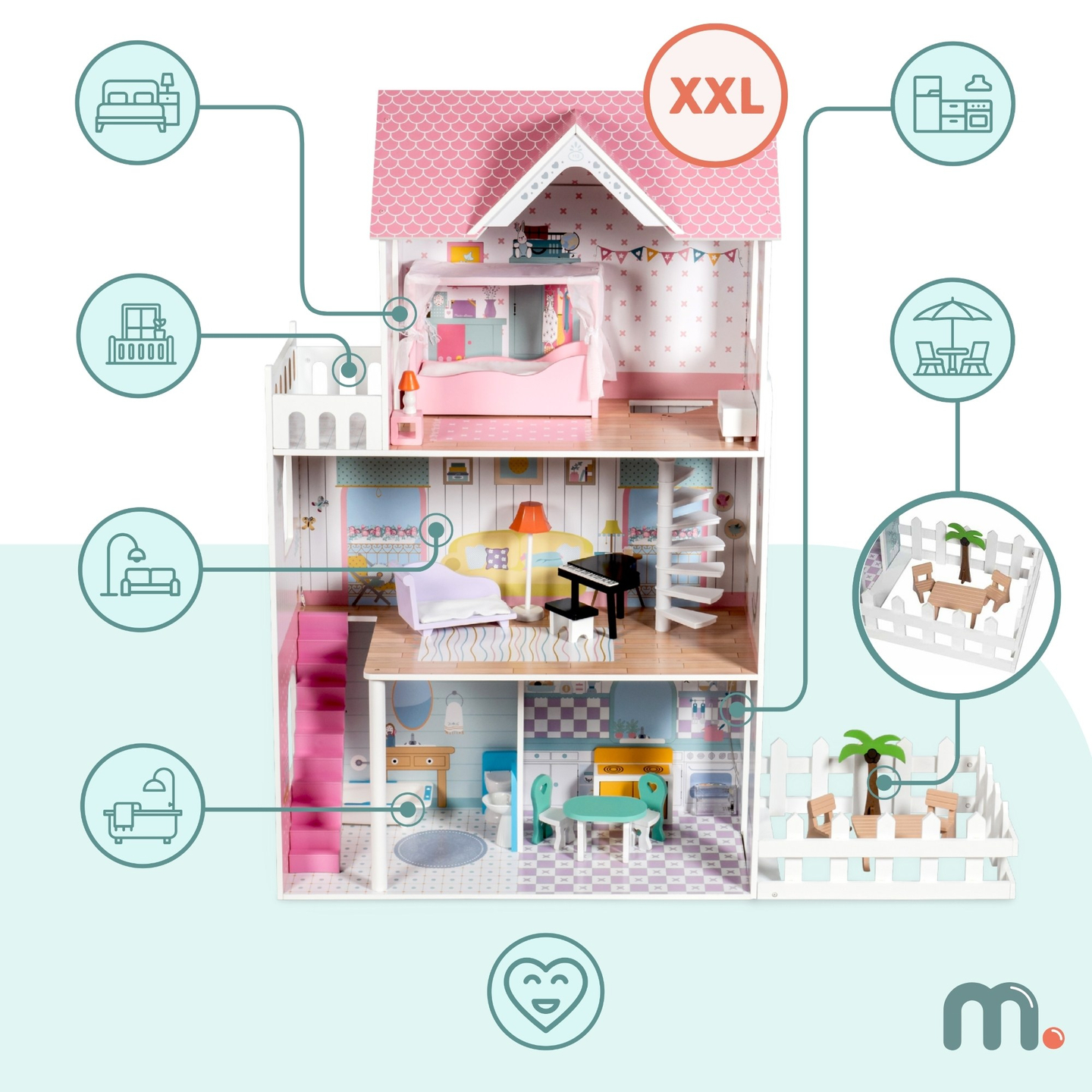 XXL Største dukkehus i træ - 123 cm - LED-belyst - terrasse, tilbehør, have