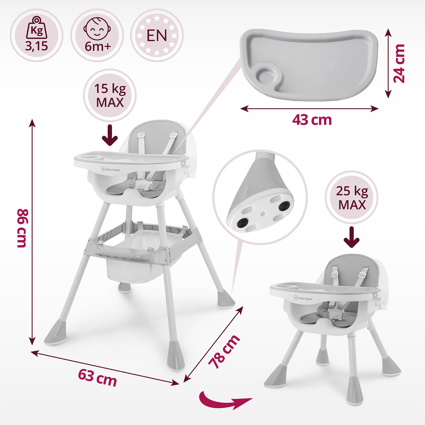 Moby-System Magnolia 2-i-1 justerbar højstol - grå