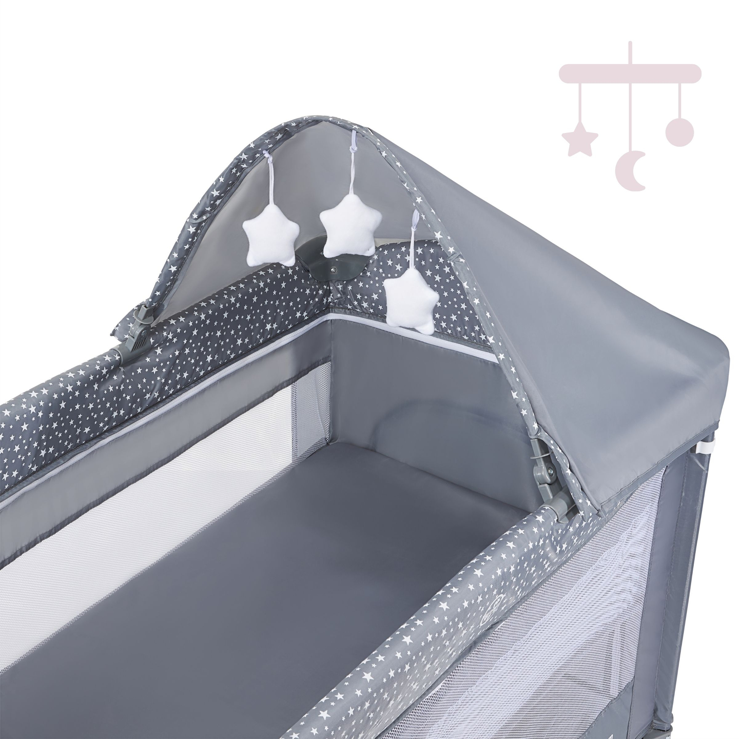 Rejseseng / kravlegård 2 plan med puslebord, tag og Happy Traveler BASIC PLUS madras - grå