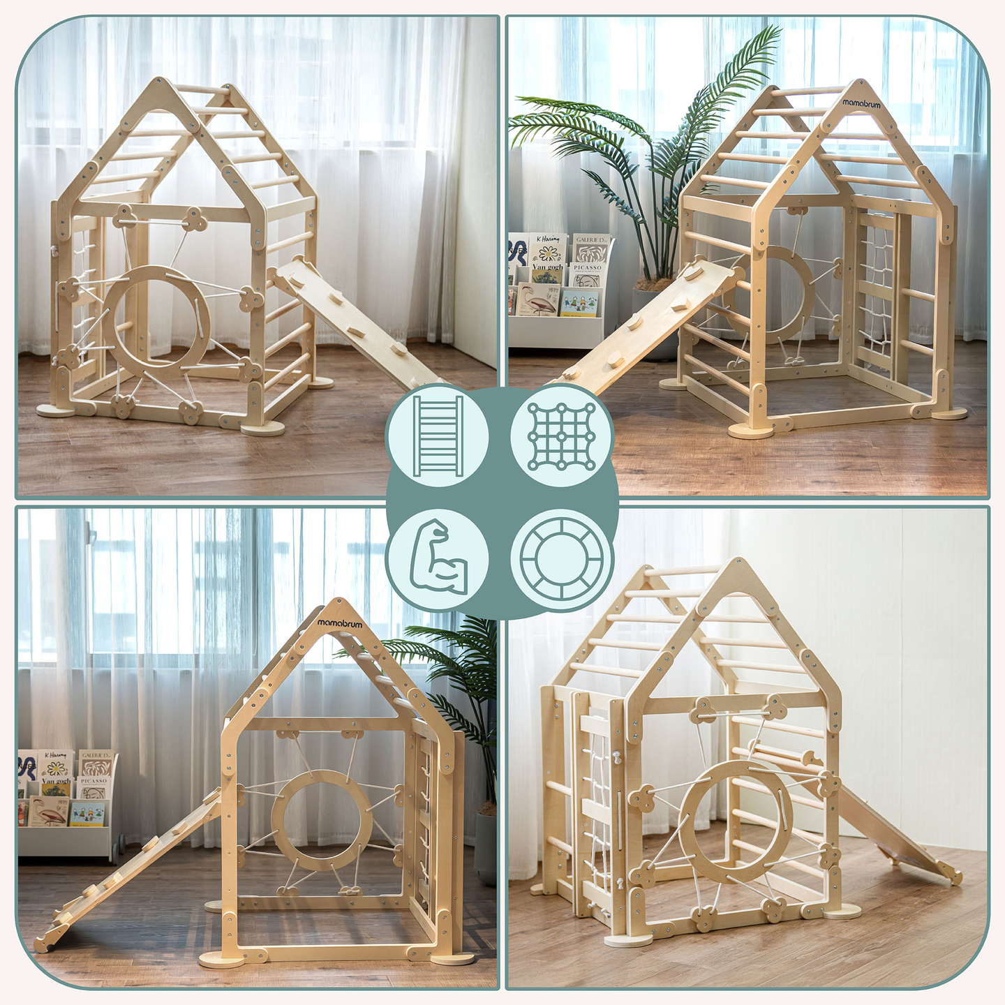 Indendørs trælegeplads til børn - et hus med stiger og rutsjebane