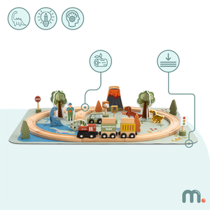 Dino Park trætog med skridsikker måtte - dinosaurer, tog, skinner, vulkan, klokke