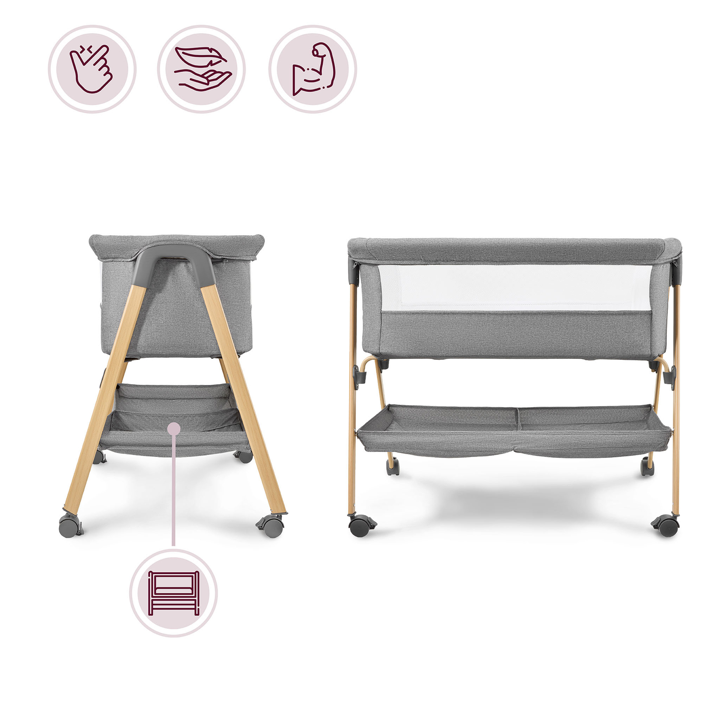 Babyseng, fritstående, rejseseng, vugge med madras - grå