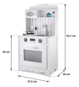 Hvidt trækøkken med forklæde, tilbehør og LED-lampe