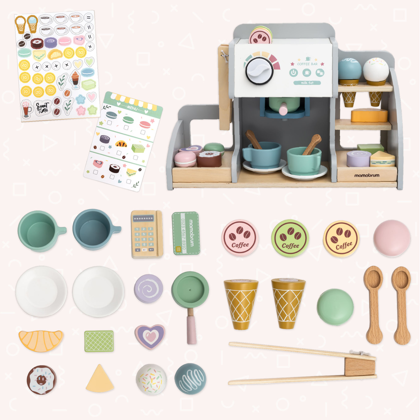 En stor isbar i træ med magnettavle, kaffemaskine og is- og dessertsæt - over 70 dele!