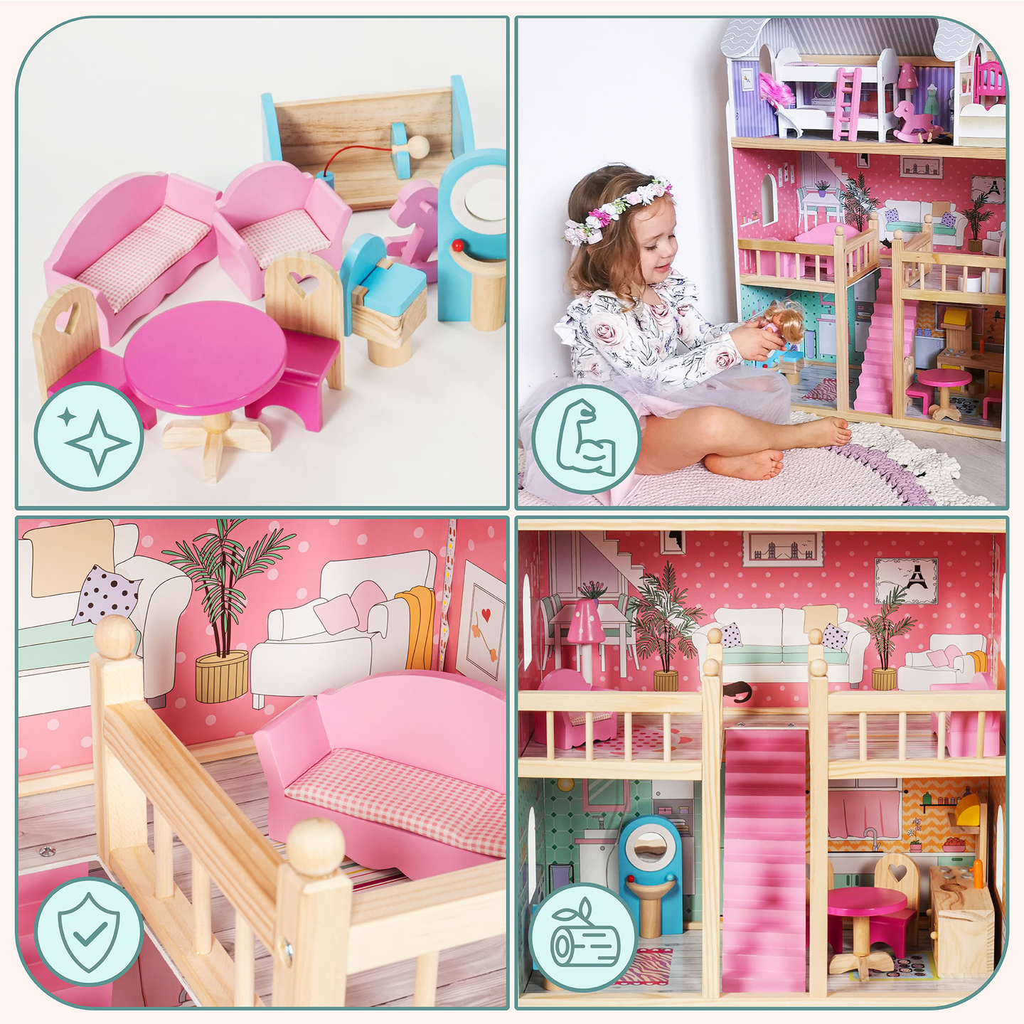 Stort dukkehus i træ med 3 etager, terrasse, møbelsæt og LED-belysning!