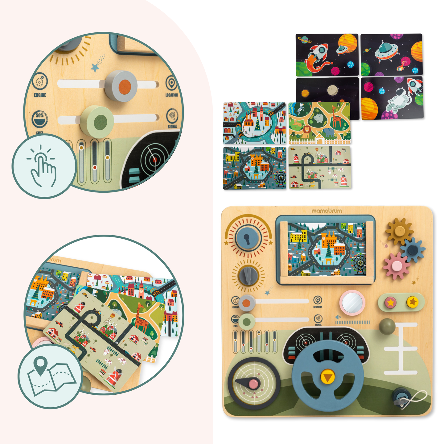 Træ Montessori-bræt 2 i 1 cockpit til den lille chauffør og pilot – rat, gearstang, rejsekort, radar
