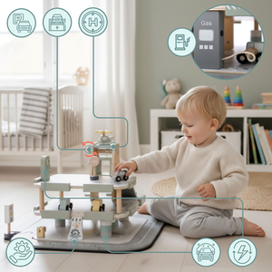 Trægarage i tre etager til børn med tilbehør – parkeringsplads, tankstation, bilvask, helikopter