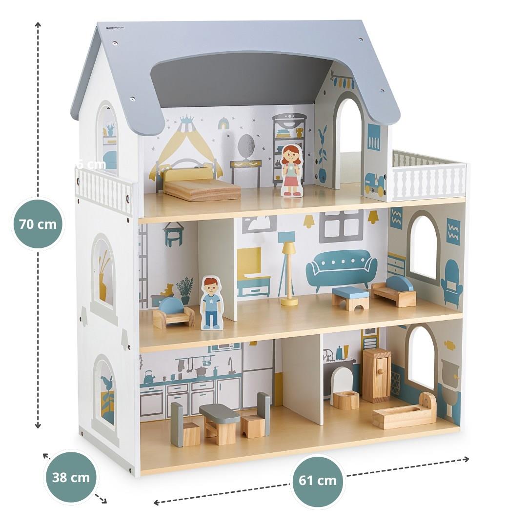 Hvidt dukkehus i træ med terrasse og tilbehør