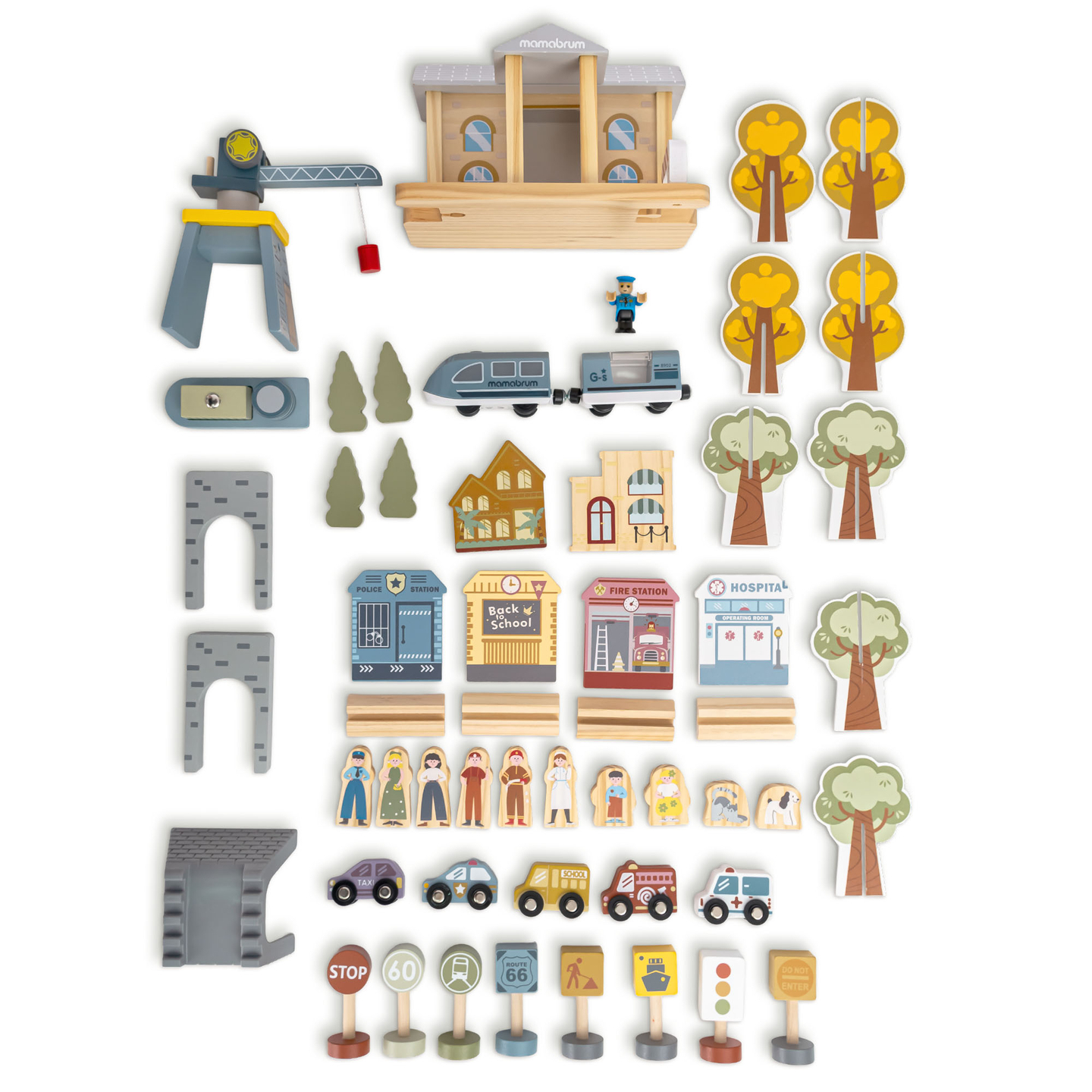 Træbane med elektrisk tog - flyttekran, skib, broer