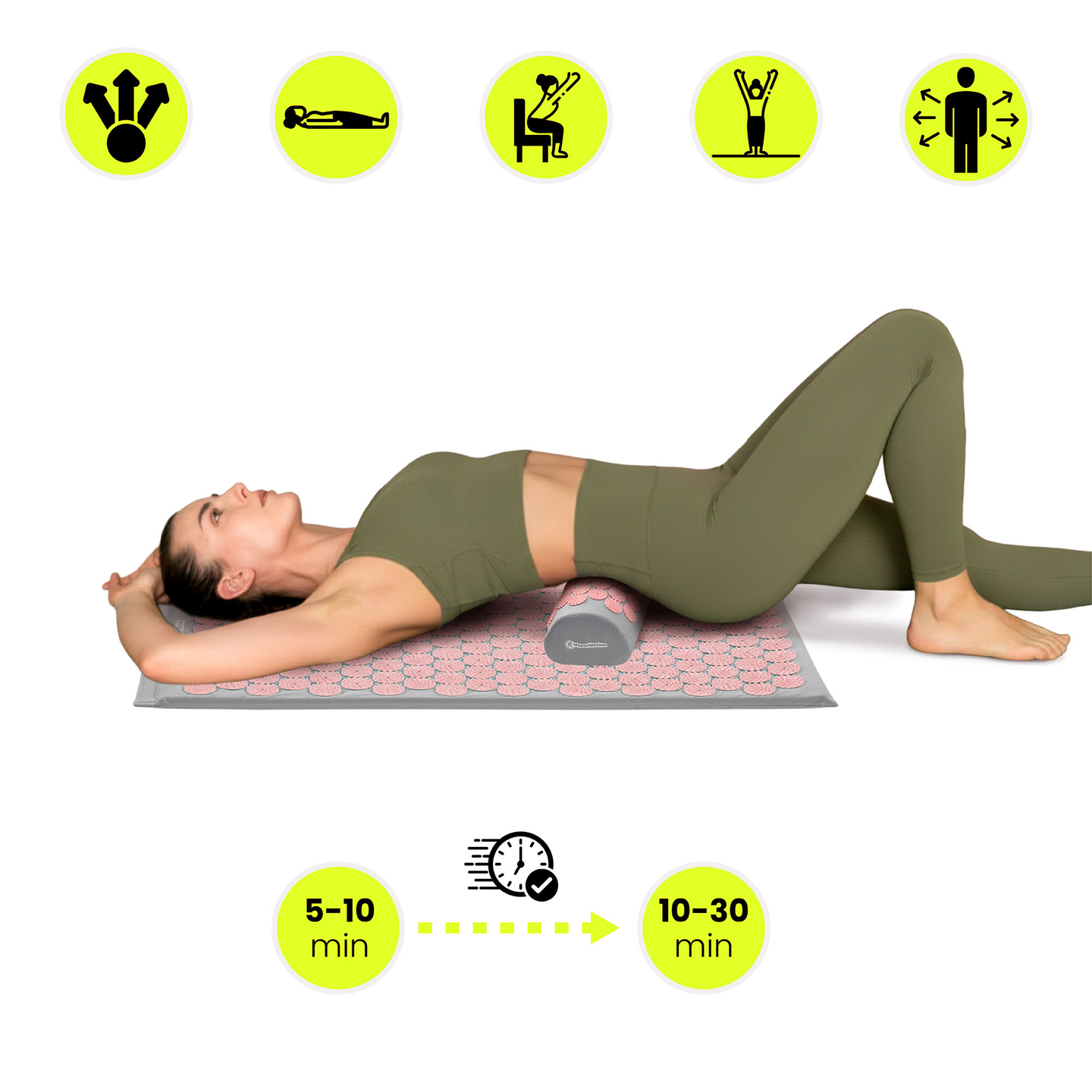 Akupressurmåtte med pude og betræk - 72 cm HyperMotion grå og pink