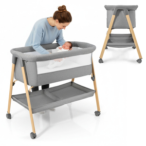 Babyseng, fritstående, rejseseng, vugge med madras - grå