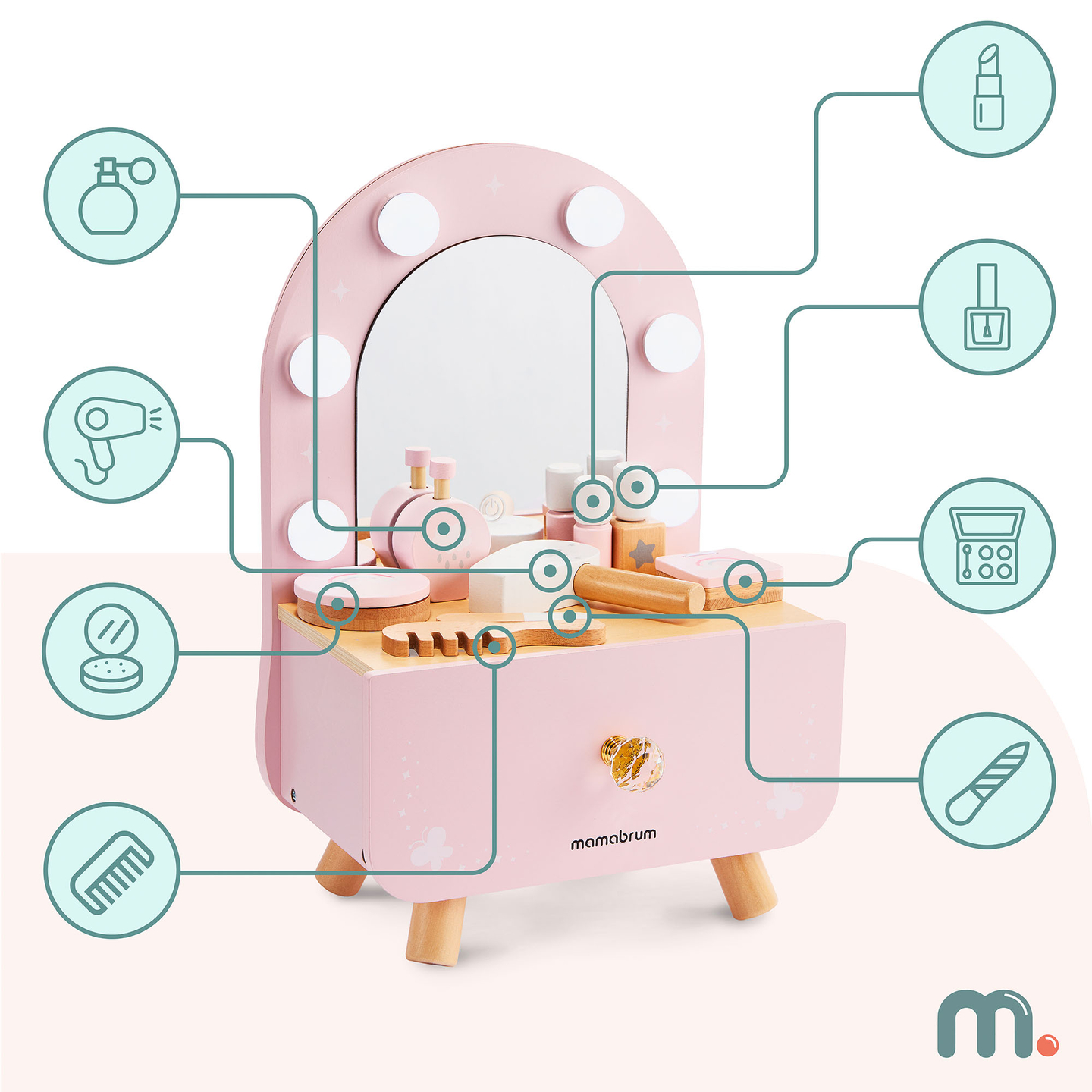 Mini-sminkebord i træ til børn med tilbehør og LED-belysning med trinløs lysstyrkejustering