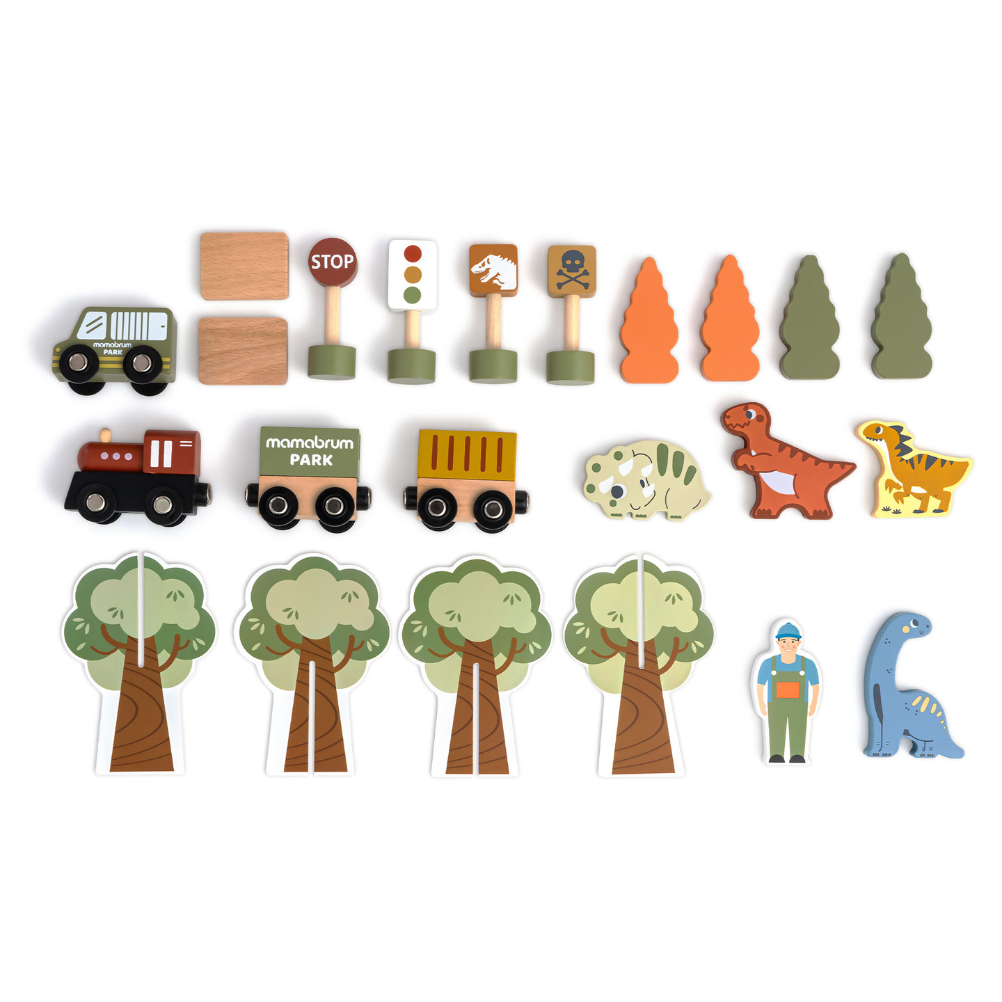 Dino Park trætog med skridsikker måtte - dinosaurer, tog, skinner, vulkan, klokke