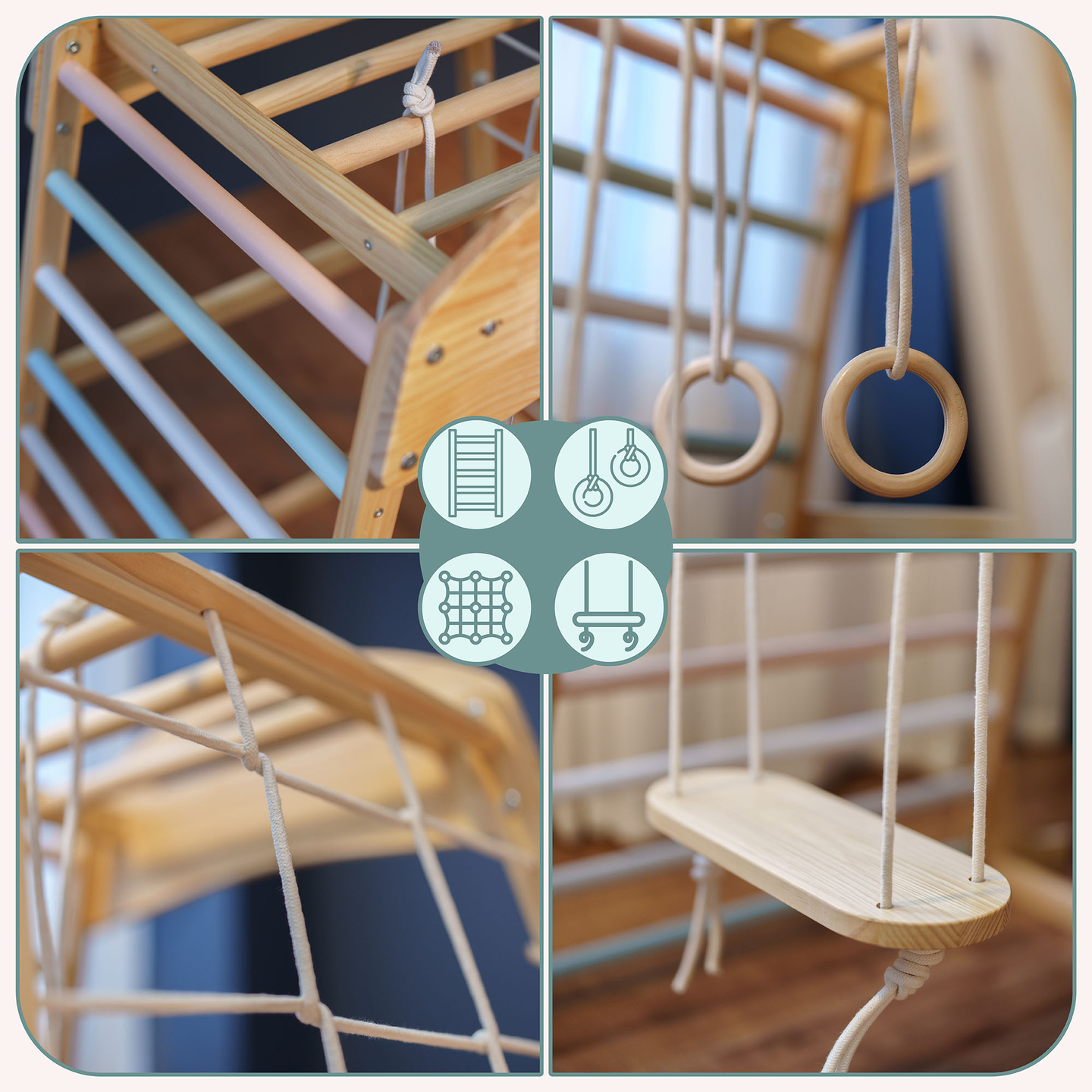 Indendørs legeplads i træ med gynge, gymnastikringe og klatrenet