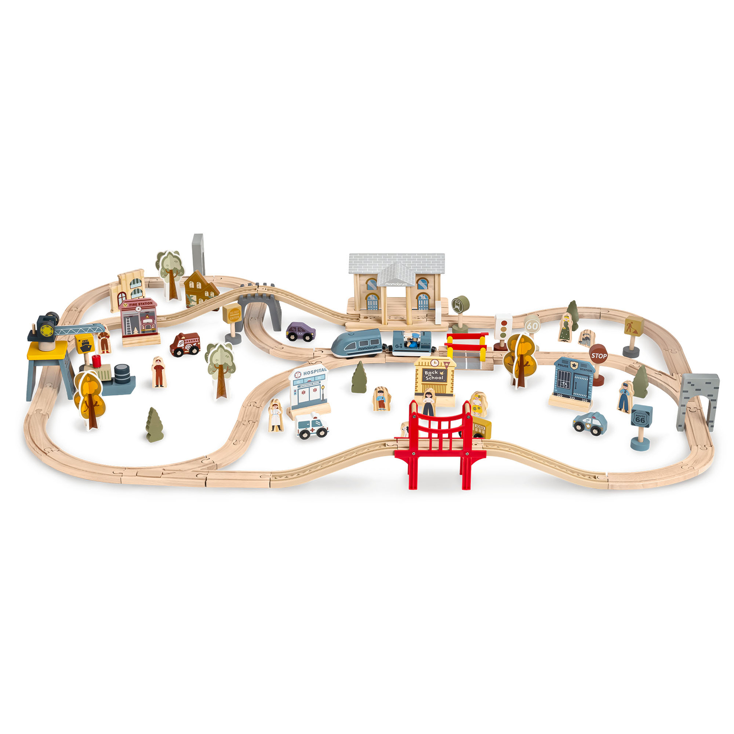 Træbane med elektrisk tog - flyttekran, skib, broer