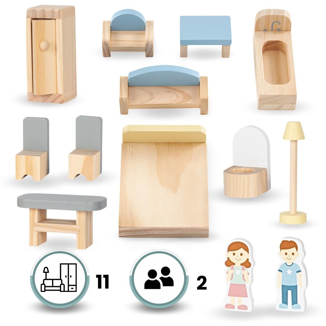 Hvidt dukkehus i træ med terrasse og tilbehør