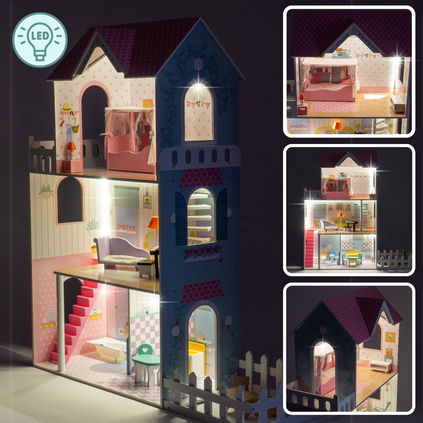 XXL Største dukkehus i træ - 123 cm - LED-belyst - terrasse, tilbehør, have